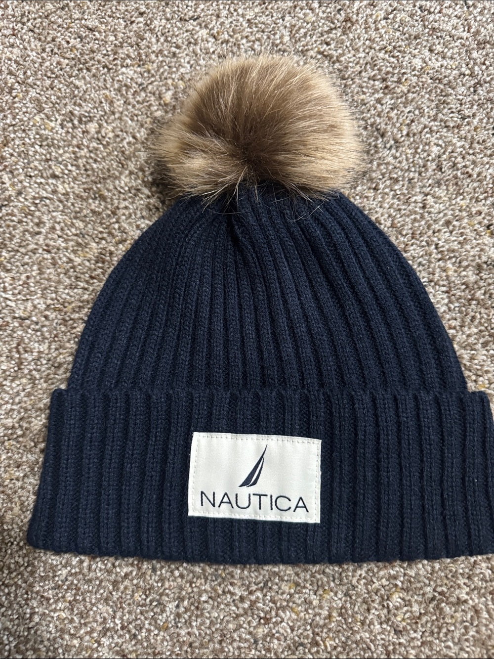 Nautica Dark Blue Ribbed Beanie with Brown Faux Fur Pom